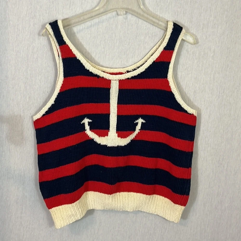 Hand-knit nautical striped anchor fishermen tank sweater navy blue red cropped - Picture 1 of 4